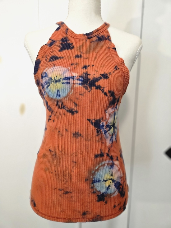 We The Free Tops - We The Free Orange Ribbed Tie-Dye Halter Tank with Blue and Cream Accents